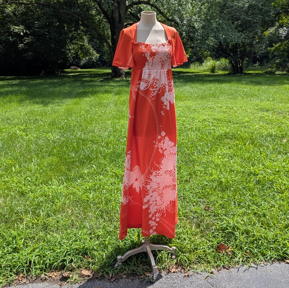 Vintage 70s Orange Angel Sleeve Hawaiian Boho Maxi Beach Dress by Malama Sophist